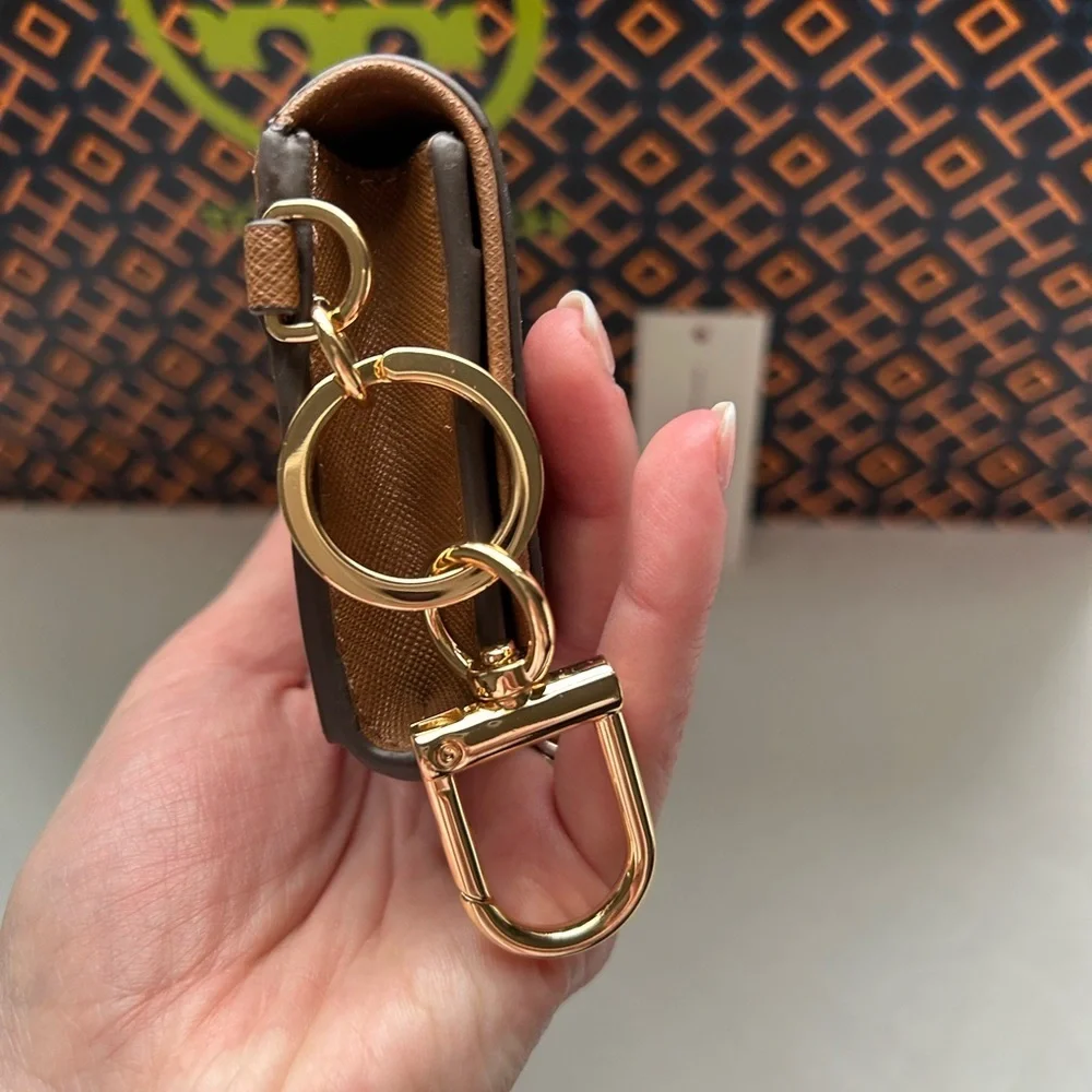 Tory Burch Emerson Flap Card Case Wallet Moose Tan Brown Gold